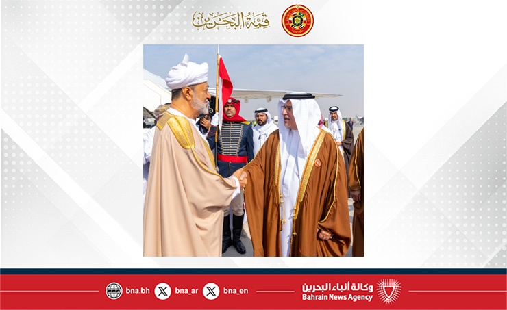 HM the Sultan of Oman received by HRH the Crown Prince and Prime Minister upon arrival in Bahrain to participate in the 46th GCC Summit