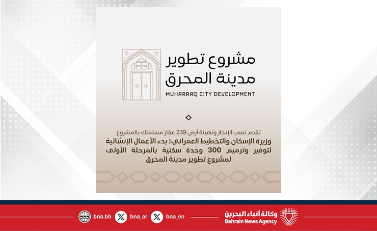 تقدم نسب الإنجاز وتهيئة أرض 239 عقار مستملك بالمشروع .. وزيرة الإسكان والتخطيط العمراني: بدء الأعمال الإنشائية لتوفير وترميم 300 وحدة سكنية بالمرحلة الأولى لمشروع تطوير مدينة المحرق